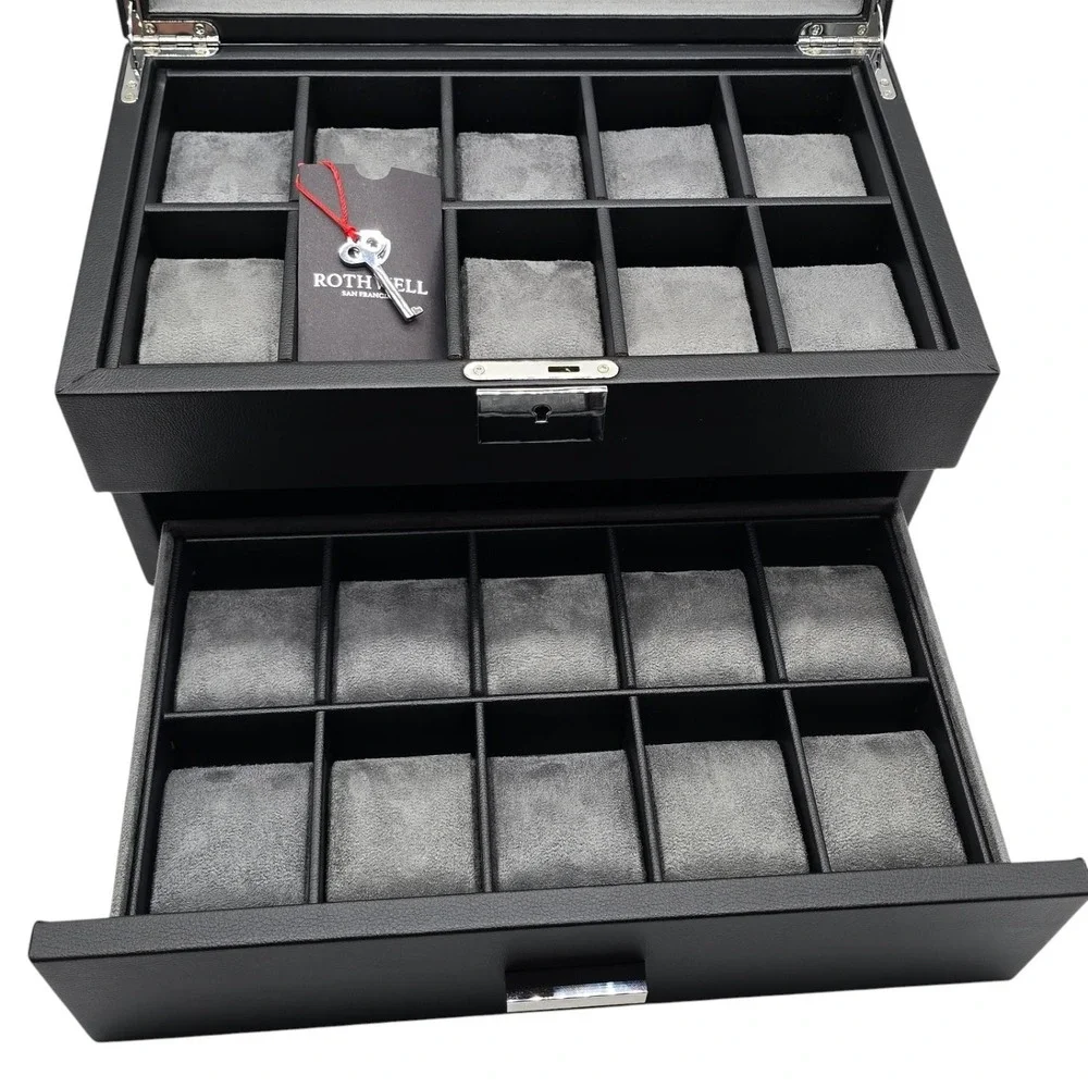 ROTHWELL 20 Slot Leather Watch Box Display Case Organizer Glass Top Lock Black